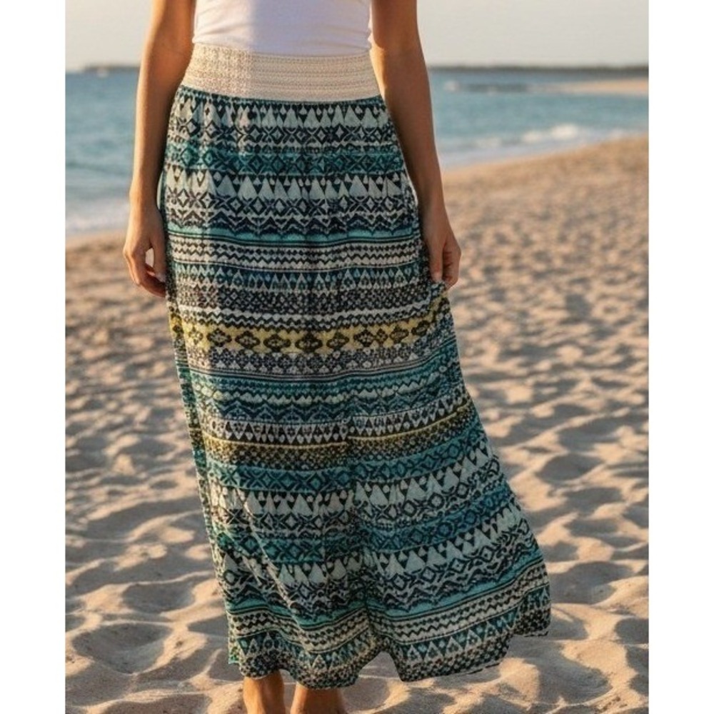 No Boundaries Maxi Skirt Women's L 11-13 Tribal Diamond Blue Boho A-Line Beach